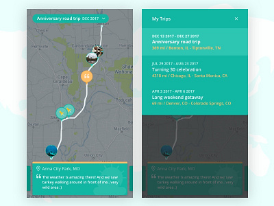 Travel map/trip tracker idea carousel list view map map pin mobile road trip travel trip tracker ui ux