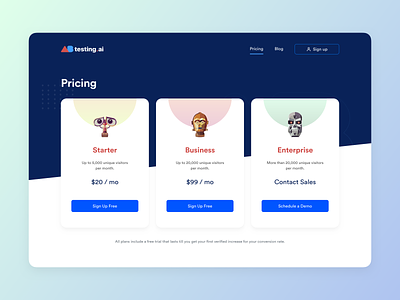 Pricing page for ABtesting.ai ab testing ai artificial intelligence design desktop pricing pricing page robots website