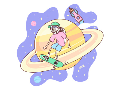 Galaxy Skateboarder design flat design galaxy graphic design illustration illustrator motion graphics pastel saturn skate skateboard skateboarder stars