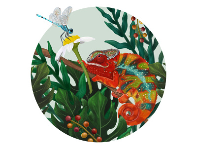 Lover Chameleon chameleon character design digital art digital painting flower fly friend illustration illustrator insect jungle leaves love plant
