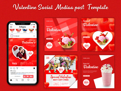 Valentine Ice Cream Social media template background banner design fashion heart holiday ice cream illustration layout love modern promotion sale set social social media story template valentine vector