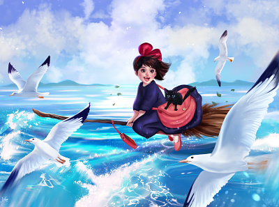 kikis delivery service anime artist artwork blackcat cartoon cat kiki kikisdeliveryservice magic sea seagulls witch witch on a broom 宮崎 駿 魔女の宅急便