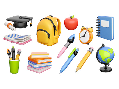 3d school icons set