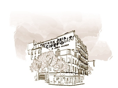 Street Corner Cafe building bw paris sketch