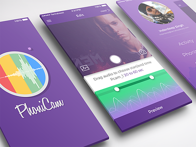 Phonicam apple ios iphone music play screen profile reveal bar side menu splash ui ux