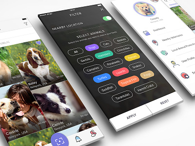 Social Pet App app cards filter icons ios iphone left menu sketch ui ux