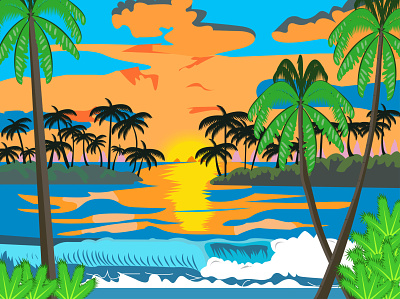 dusk on the beach animasi beach cloud coconut tree design dusk illustration sea sun vector
