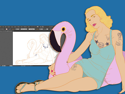 Beachside Daydreams: Process fashion flamingo girl lady model redbubble retro swimsuit tattoo tattoos vintage woman