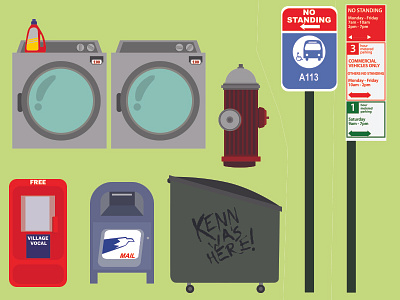 City V1.1 assests bus stop city city scape elements fire hydrant garbage bin laundry machine mailbox nyc street sign vector graphic