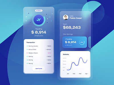 Saving App Concept app design application balance bank blue budget finance fintech graphic interface investment money npw personal banking product design saving services spending statistic translucent