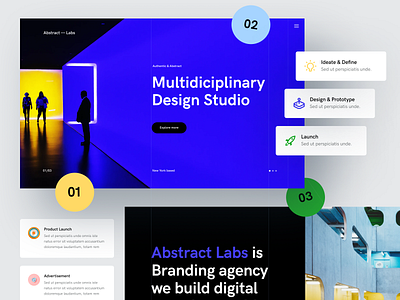 Abstract Labs — Studio Website abstract advertisement agency black blue branding clean design grey idea landing page launch modern npw product prototype studio ui ux website