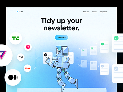 Tiber ⌁ SaaS Landing Page ai app artificial blue clean colors data design hero illustration landing page modern newsletter npw robot saas subscription ui ux website