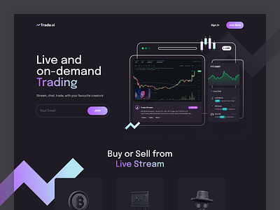 Trade.Vi - Trading Live Stream Landing Page app bitcoin clean colors creator dark mode defi design host livestream mint modern nft npw stock stream trade trading ui ux