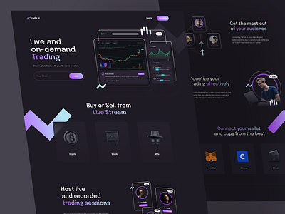 Tradevi - Streaming Trader Platform app blockchain branding clean creator crypto dark mode design host landing page modern nft npw trade trader trading ui ux video website