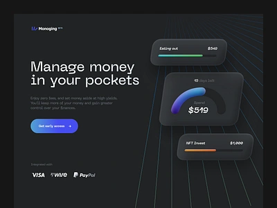 Finances App Landing Page 3d app bevel clean dark mode design expense finances financial green landing page manage modern npw orange purple saving spend ui ux