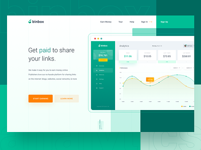 binbox.io — Landing Page analytic clean data green landing page links management marketing modern money npw paid ui url