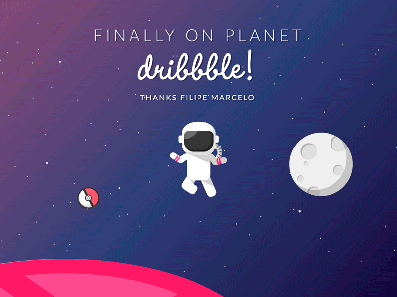 Hey ho, hello Dribbble! animation astronaut debut first shot illustration moon planet pokeball space stars universe