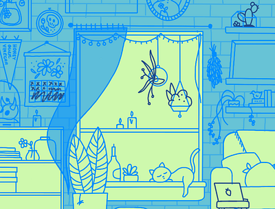 WIP : Isolation Blues cat lineart plants progress room room scene spooky window witchy