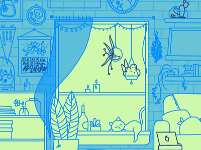 WIP : Isolation Blues cat lineart plants progress room room scene spooky window witchy