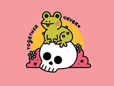 TOGETHER 4EVER buddies daisies daisy death friends friendship frog green illustration pals pink skull toad vector