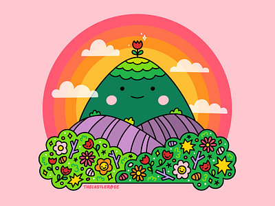 MOUNTAIN BUDDY clouds flora flowers friends happy hill illustration mountain nature scenery valley vector