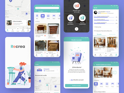 Recrea app add app circular economy congratulations figma furniture home map mobile profiles ui ux ux ui