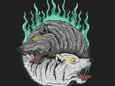 twin wolf illustration vector graphic angry animal artwork beast beautiful black and white carnivore cold concept creature dog drawing element emotion fire forest fur tattoo wolf yin yang