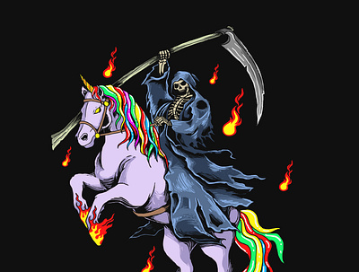 grim reaper with unicorn illustration vector graphic animal artwork celebration cemetery colorful creepy dark dead death fairy family fantasy fear fire flame grim reaper horse illustration unicorn