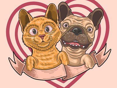 cute kitten and puppy best friends illustration adorable animal artwork cat colorful couple cute family illustration kitten love pug puppy valentine