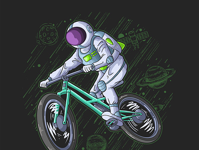 astronaut ride bicycle artwork artworker astronaut bicyle drawing freelancer gravity hire illustration planet rocket sky spaceman stars universe