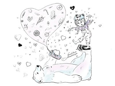 Two Unusual Bears bear candy childrens illustration friendship girl hearts illustration kids illustration love sweets