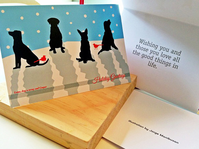 Dogs Christmas Card Low animals birds cards christmas dog dogs holidays illustration rescue silhouette snow wood