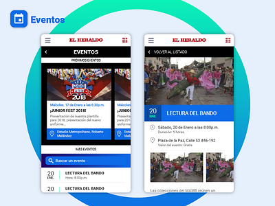 Events app carrousel date events flat ios mobile design time ubication ui ux