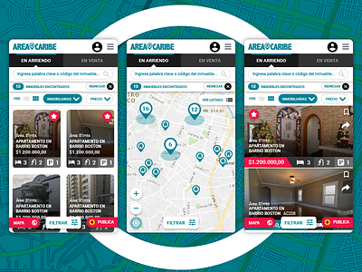 Áreacaribe - listing app city detail interace layout list list view map marker map view maps real estate rent sale search ui ux view