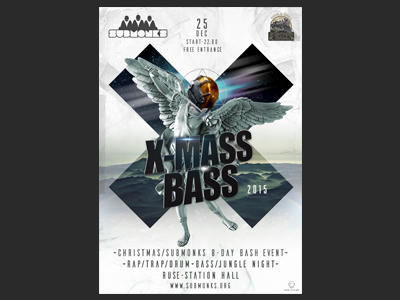 X-MASS BASS - Submonks event poster angel christmas drumnbass party poster submonks x x mass xmass