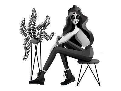 Fern adobe blackandwhite character girl illustration photoshop plant print texture