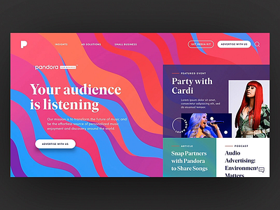 Pandora for Brands - Build In animation branding color colorful design homepage interaction interactive motion principleapp typography ui web website