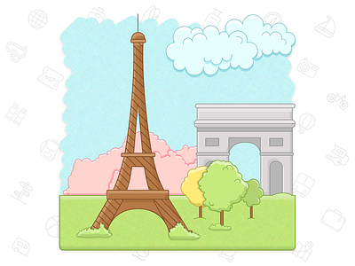 tours in Europe arc de triomphe clouds eiffel tower france holiday icon illustration paris tourism tours