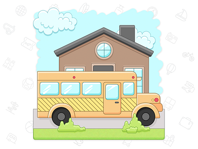 Bus bus clouds holiday house icon illustration road school bus tourism tours