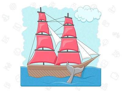 Ship clouds fish holiday icon illustration sailboat sea ship tourism tours