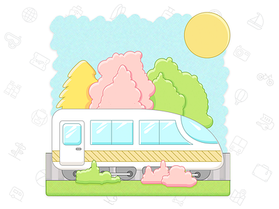 Train holiday icon illustration road sun tourism train transport trees vacation