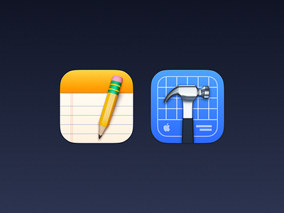 Notes and Xcode 3d app big sur blender c4d hammer icon ios mac macos notes pencil render skeuomorphism xcode