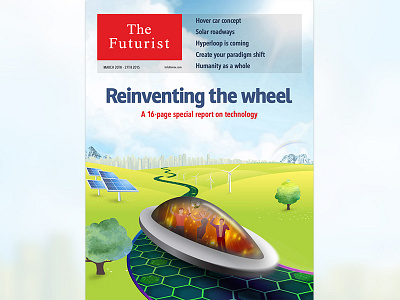 Cover design parody economist futurist hover car humanity hyperloop illustration paradigm shift solar wheel