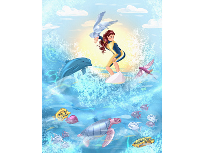 Girl in the ocean on the surf 2d anime art artist artwork book illustration childrens book editorial illustration illustration illustrator raster graphics