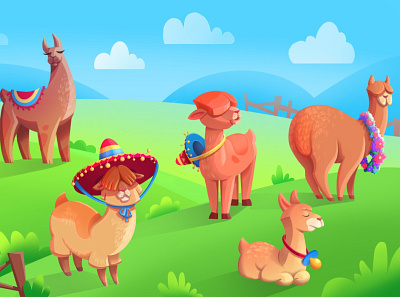 Mexican Llamas animals concept flat gradient illustration illustrator picture vector