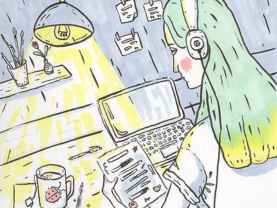 Work In Progress illustration girl illustration ink lamp light markers table wip workplace