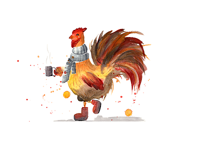 Winter Rooster blobs cock cup heat illustration picture rooster scarf tea warm watercolor winter