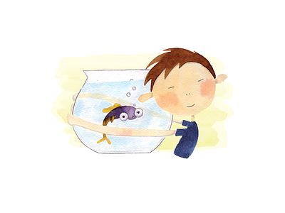 You can't hug your fish aquarium book boy character children fish illustration pet watercolor