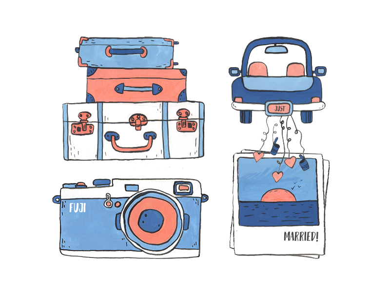 Honeymoon gouache illustration luggage married just car sunset memories photo fuji travel honeymoon