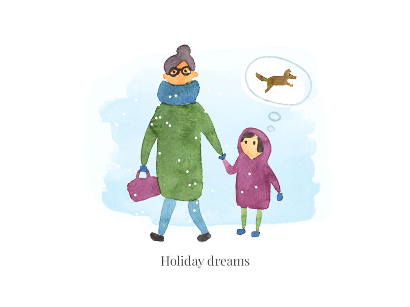 Holiday dreams character girl wishes celebrate people illustration watercolor dog postcard newyear holiday